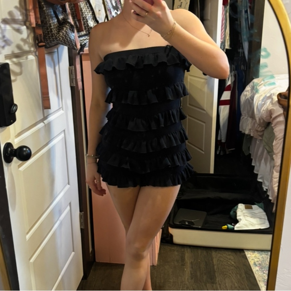 Black Strapless Ruffle Romper